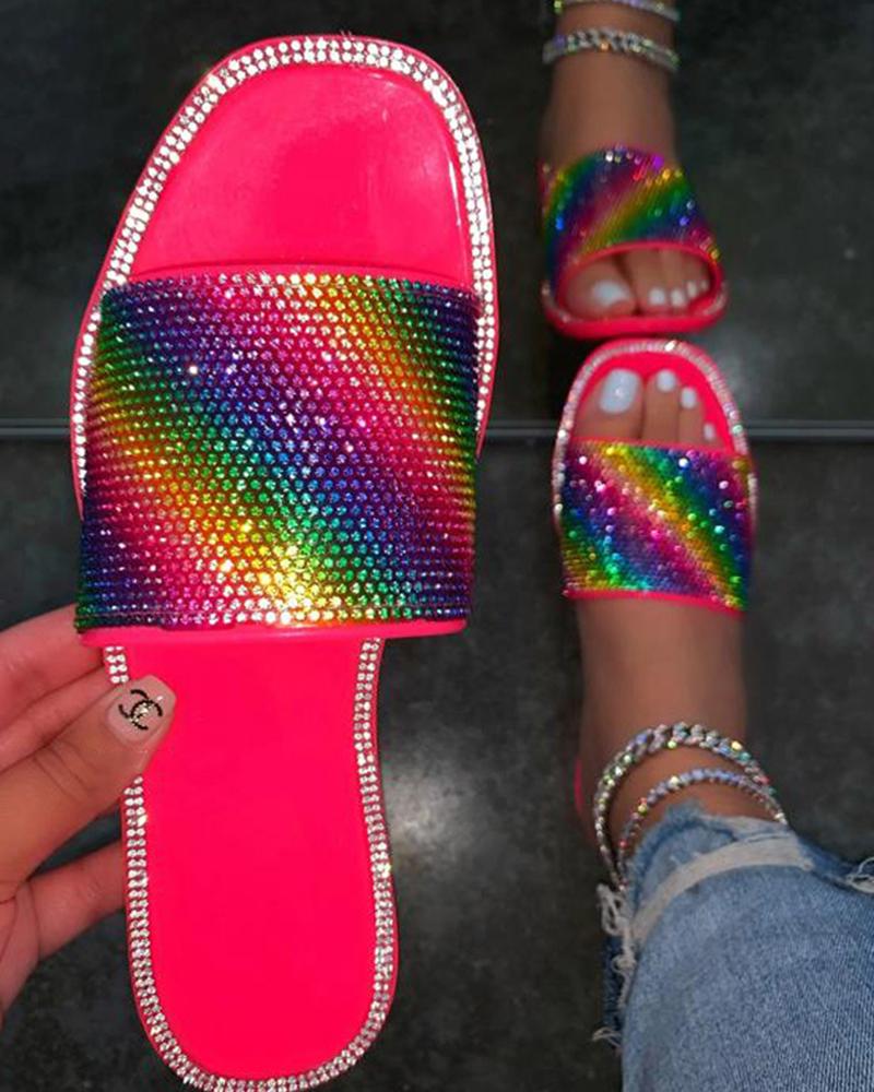 

Square-toe Multicolor Rhinestone PU Leather Flat Slippers, Wine red