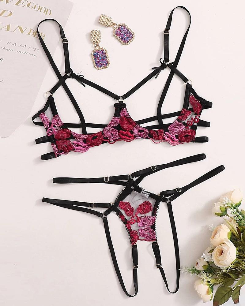 

Lip Embroidery Cutout Lingerie Set, Black