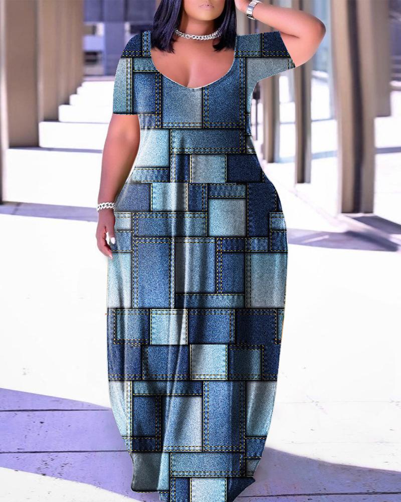 

Plus Size Denim Look Print Casual Maxi Dress, Blue
