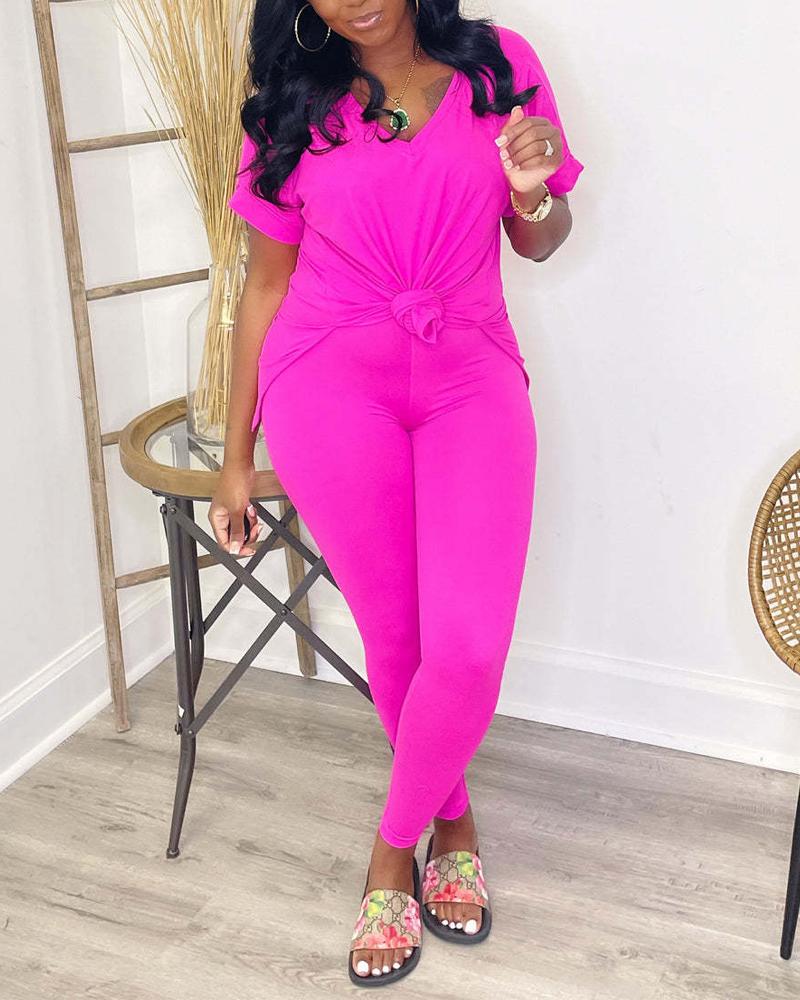 

V-Neck Split Hem Casual Top & Pants Set, Hot pink