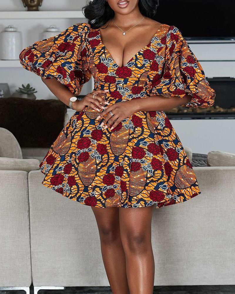 

Indonesian Style Printing Lantern Sleeve Mini Dress, Yellow