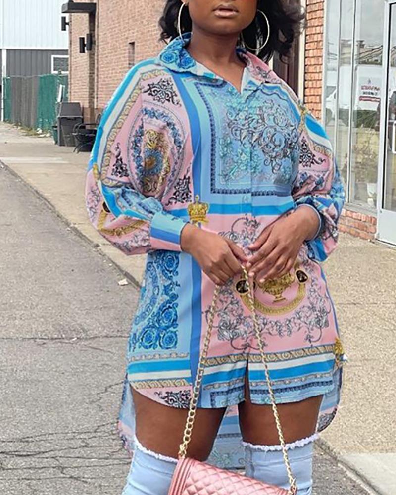 

Scarf Print Button Front Dip Hem Shirt Dress, Blue