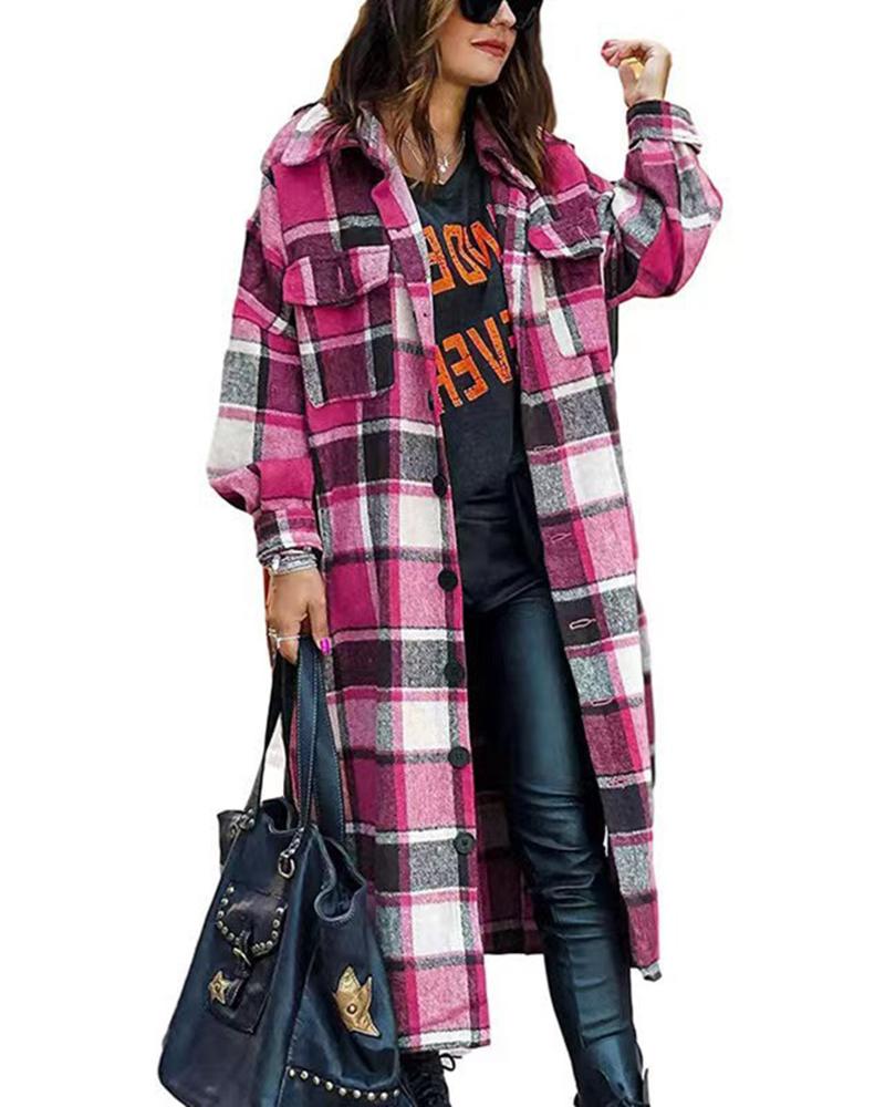 

Plaid Print Lantern Sleeve Longline Shacket, Hot pink