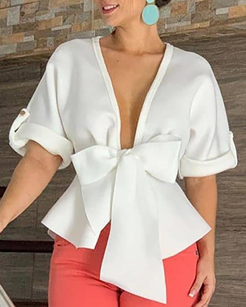 

Solid Plunge Bowknot Peplum Blouse, White