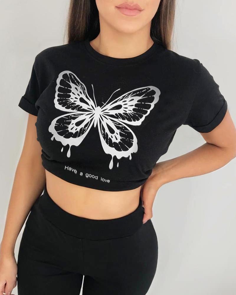 

Butterfly Print Short Sleeve T-shirt, Black