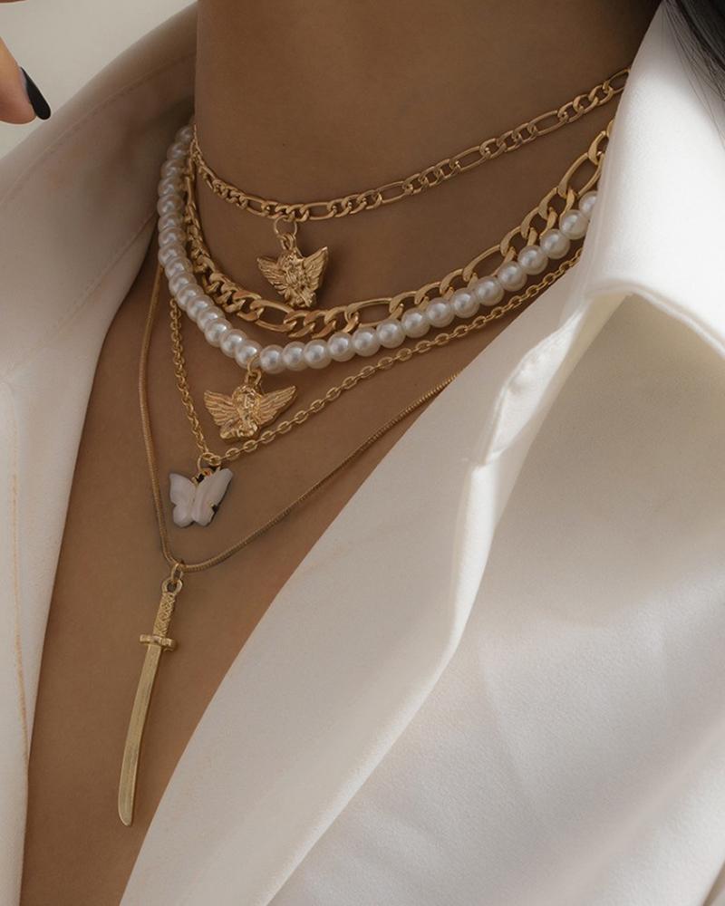 

5pcs Butterfly Angle Sword Pendant Beaded Chain Necklace, Gold