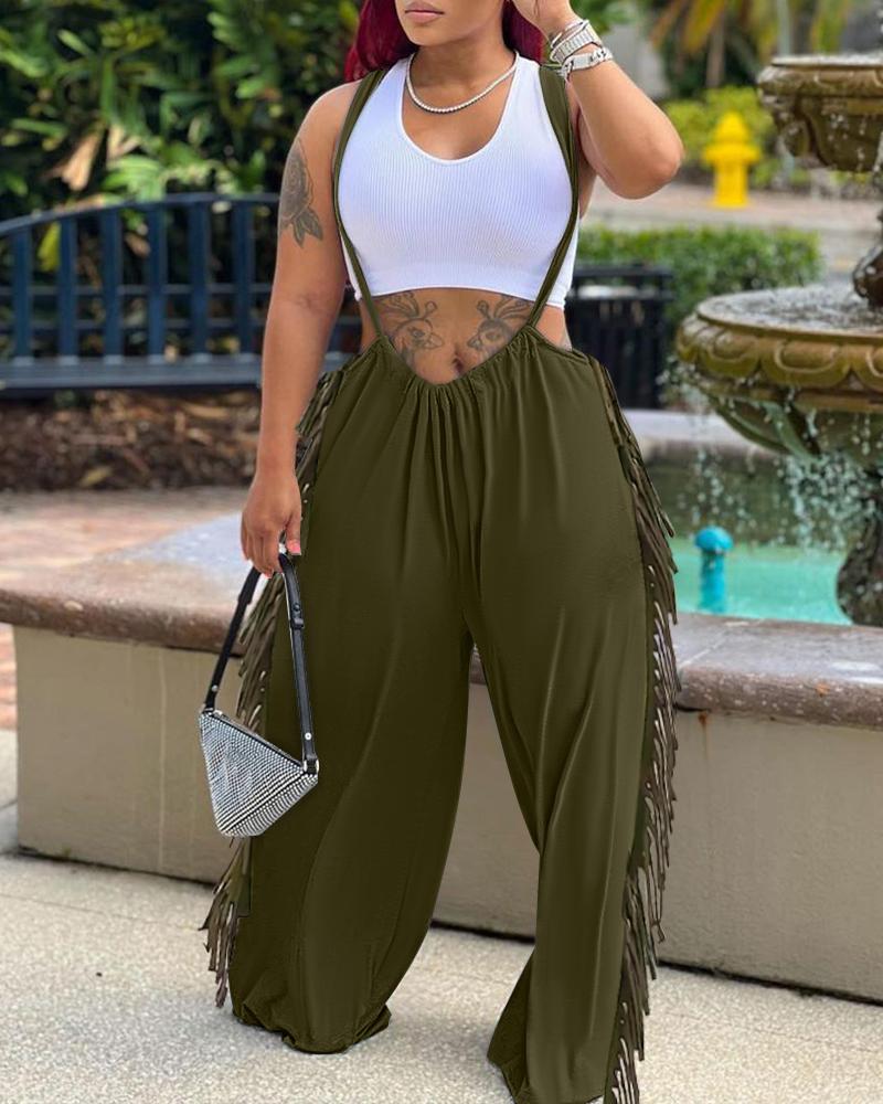 

Tassel Design Wide Leg Suspender Jumpsuit, Army green