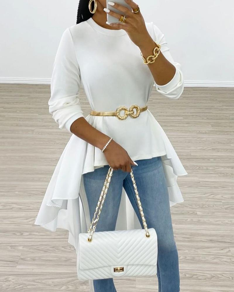 

Solid Ruffles Dip Hem Blouse, White