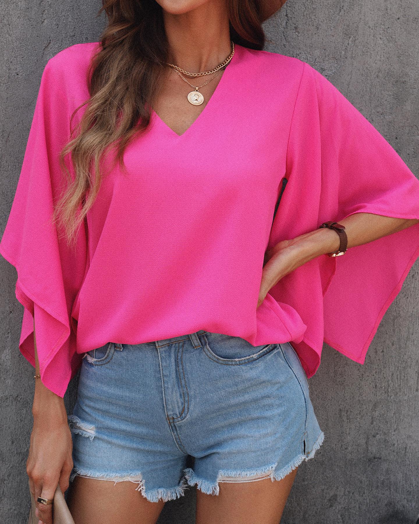 

Batwing Sleeve V Neck Casual Top, Hot pink