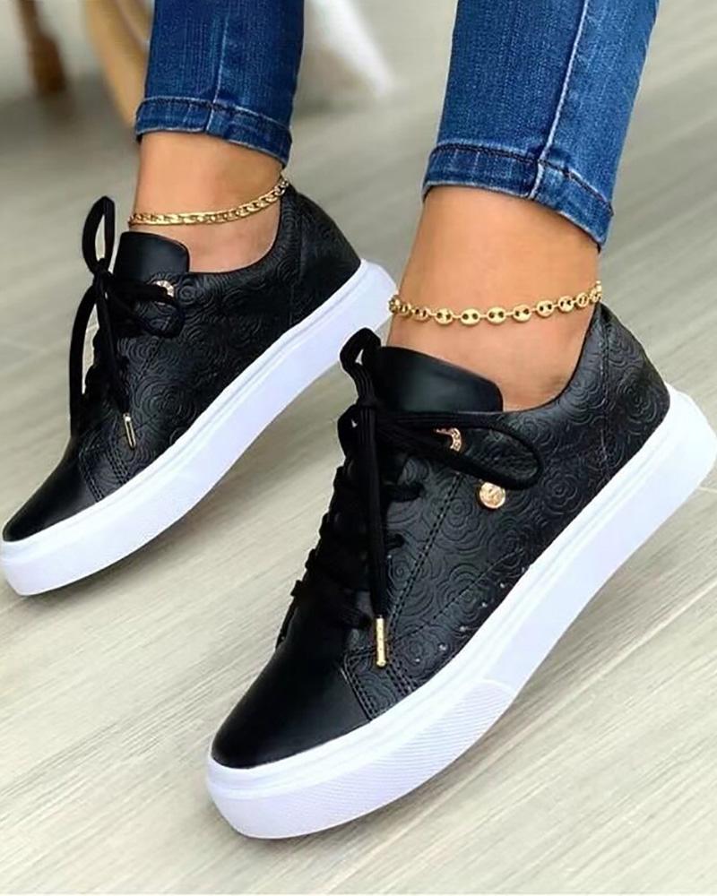 

Floral Pattern Lace-up Eyelet Sneakers, Black