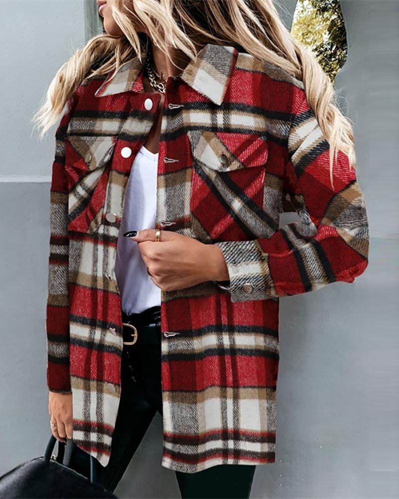 

Buttoned Pocket Design Plaid Print Top, Red