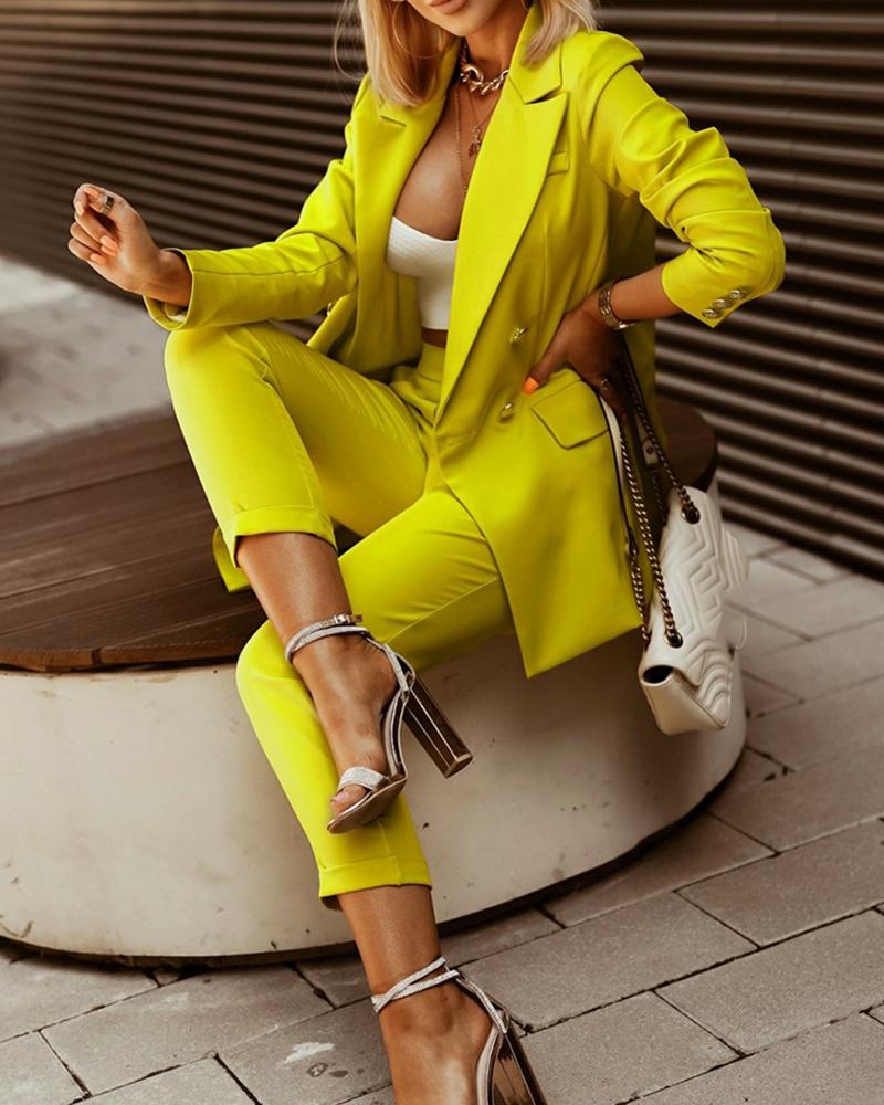 

Two Piece Sets Solid Color Double Breasted Blazer Coat & Pants Set Elegant Work Suit Set, Yellow