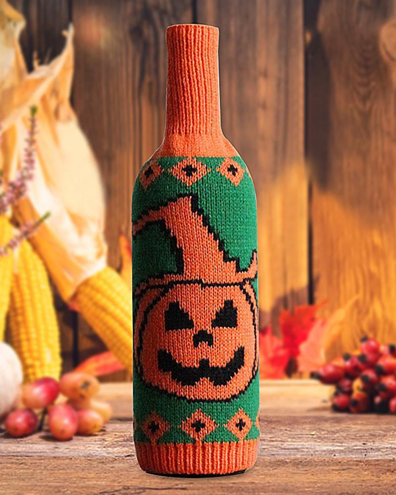 

1pc Halloween Toxic Sign Skull Spider Pumpkin Head Knit Bottle Cover Party Winebottle Decoration, Orange