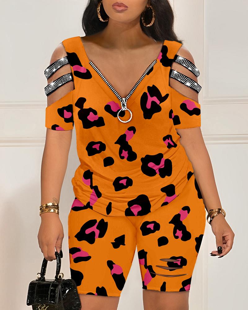 

Leopard Print Cold Shoulder Top & Shorts Set, Orange