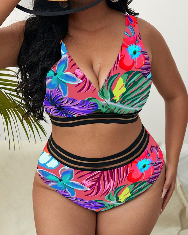 

Plus Size Tropical Print Contrast Mesh Bikini Set, Red