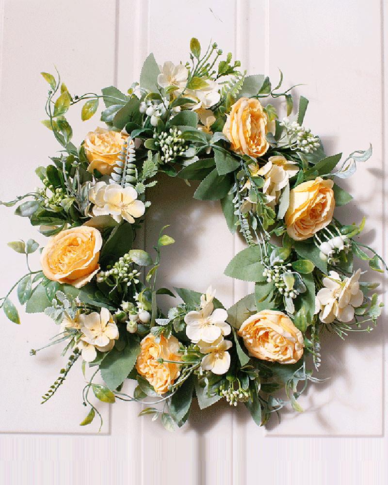 

1pc Artificial Rose Floral Garland Wreath Wedding Decoration Front Door Stairway Window Indoor Outdoor Home Decor, Yellow