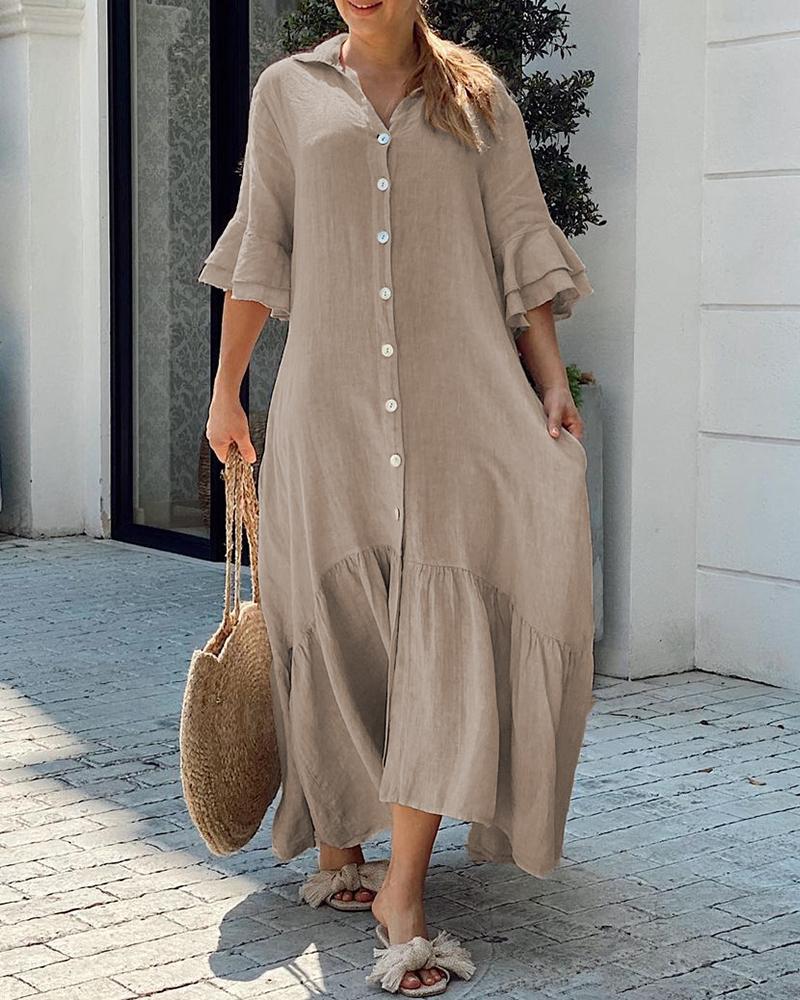 

Button Front Ruffles Sleeve Casual Shirt Dress, Beige