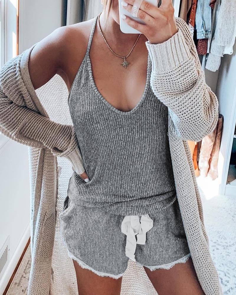 

Solid Halter Knitted Cami Set, Gray