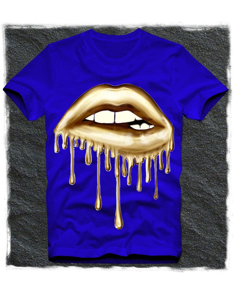 

Lip Print Short Sleeve Loose T-shirts, Blue