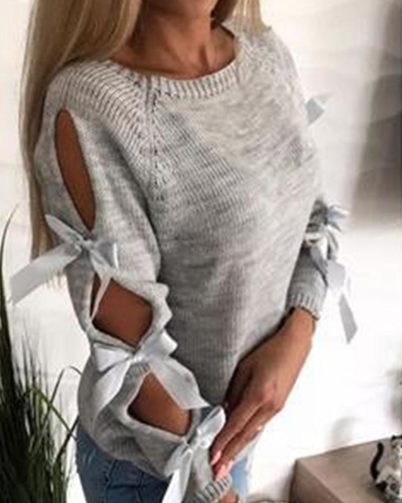 

Crew Neck Tie-Up Sleeve Sweater, Gray