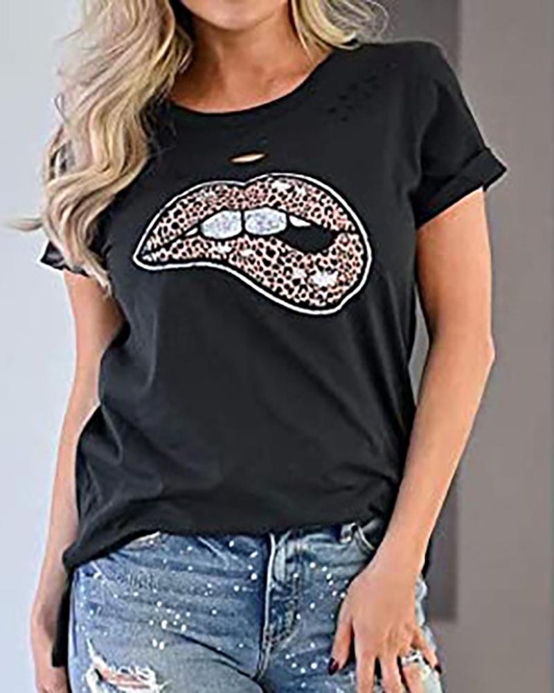

Short Sleeve Lip Leopard Print T-shirt, Black