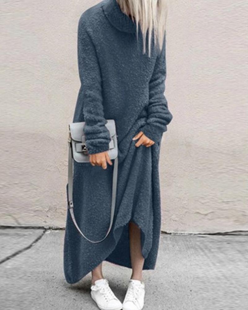 

High Neck Fluffy Long Sleeve Dress, Blue