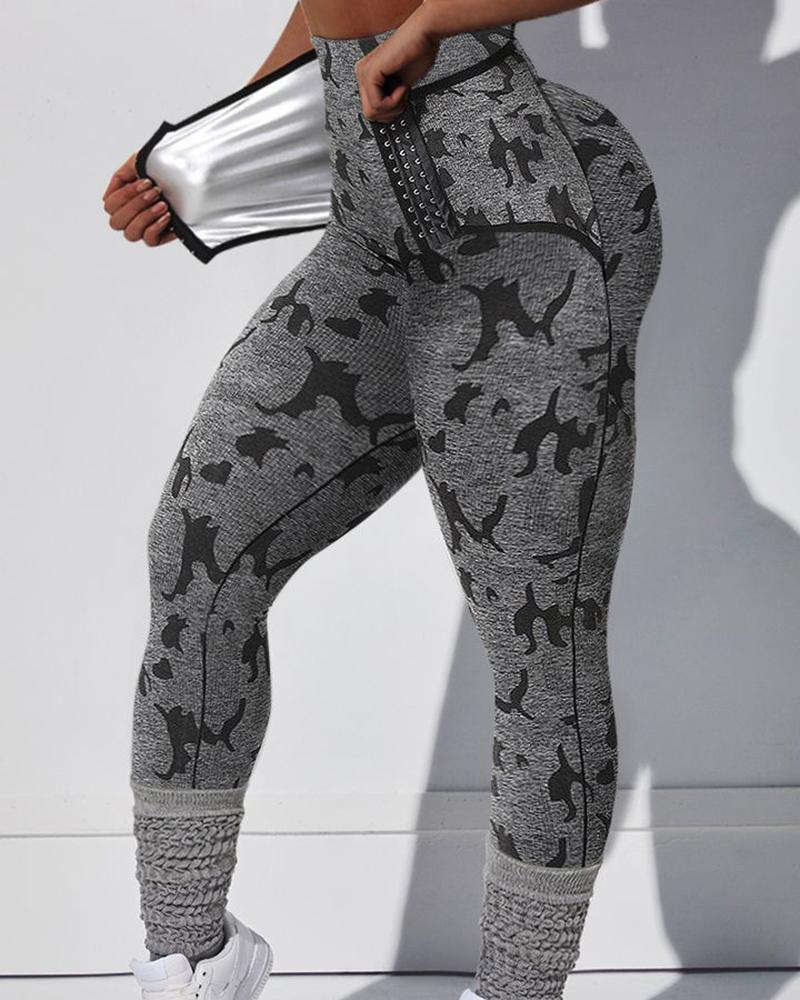 

Camouflage Print Tummy Control Butt Lifting Yoga Pants, Gray