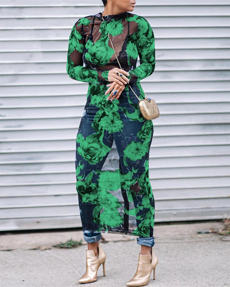 

O-Neck Sheer Mesh Floral Print Bodycon Dress, Green