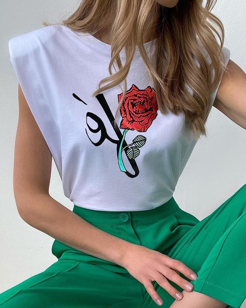 

Floral Print Padded Shoulder Casual Top, White