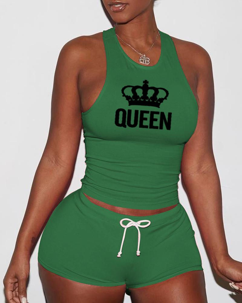 

Letter Crown Print Drawstring Active Set, Green