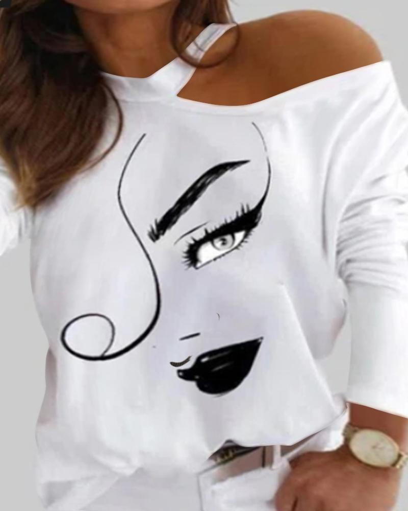 

Plus Size Abstract Figure Print Cold Shoulder Top, White