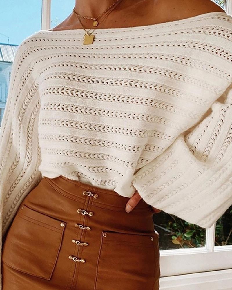 

Knit Hollow Out Long Sleeve Casual Sweater, Beige
