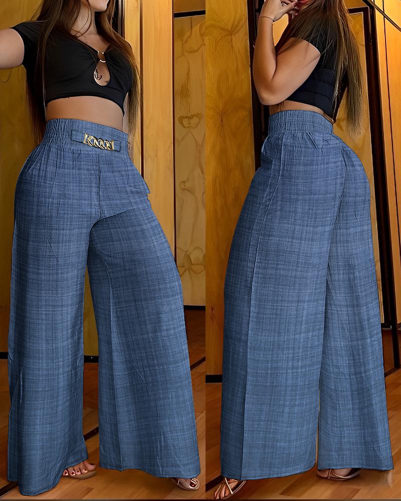 

Chain Decor High Waist Wide Leg Pants, Blue