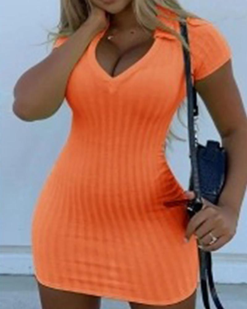 

Short Sleeve Knit Plain Bodycon Dress, Orange