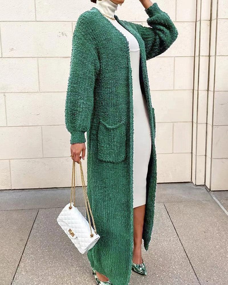

Lantern Sleeve Pocket Design Longline Cardigan, Green
