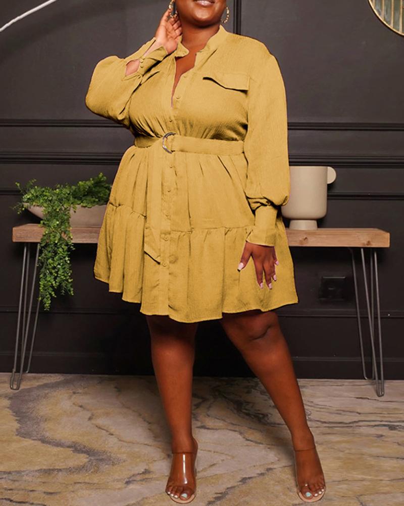 

Plus Size Long Sleeve Ruffle Hem Belted Shirt Dress, Yellow