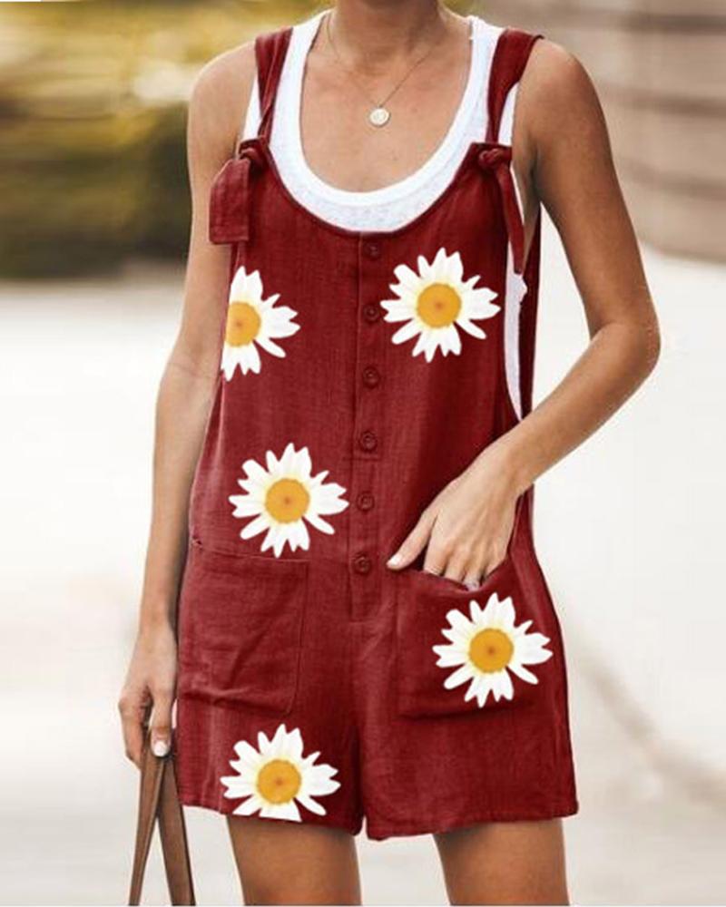 

Daisy Print Linen Overall Jumpsuit, Red