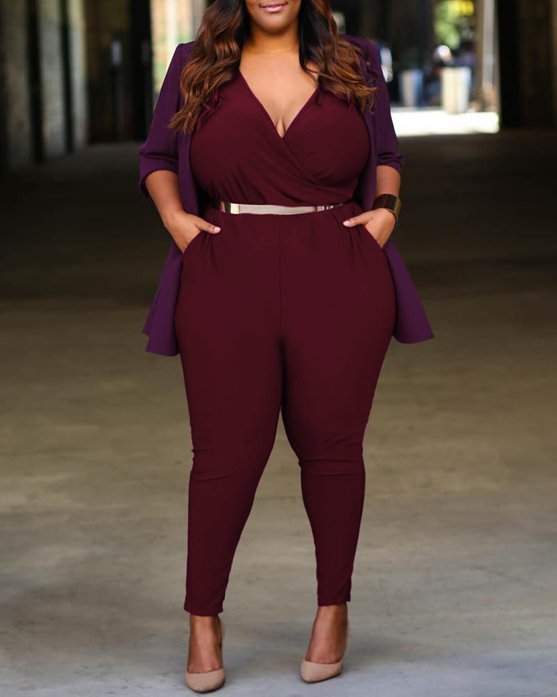 

Plus Size Plain Plunge Pocket Design Jumpsuit, Dark red