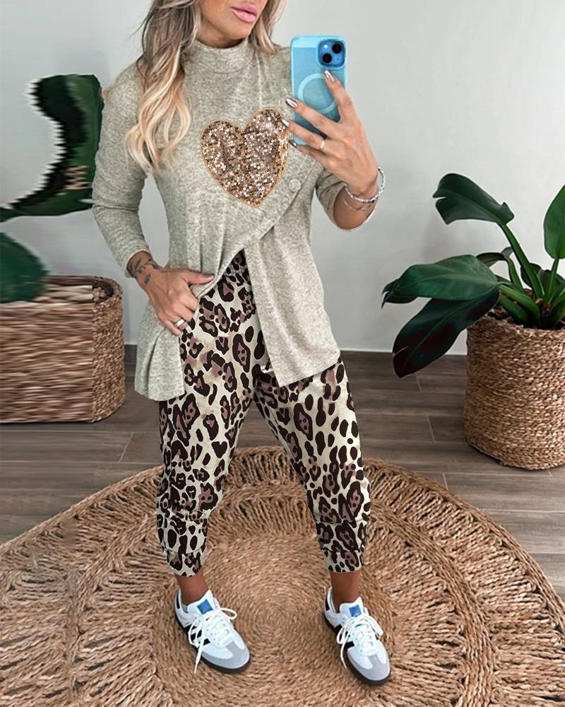 

2 Piece Heart Pattern Contrast Sequin Mock Neck Long Sleeve Slit Top Leopard Print High Waist Cuffed Pants Lounge Sets, Apricot