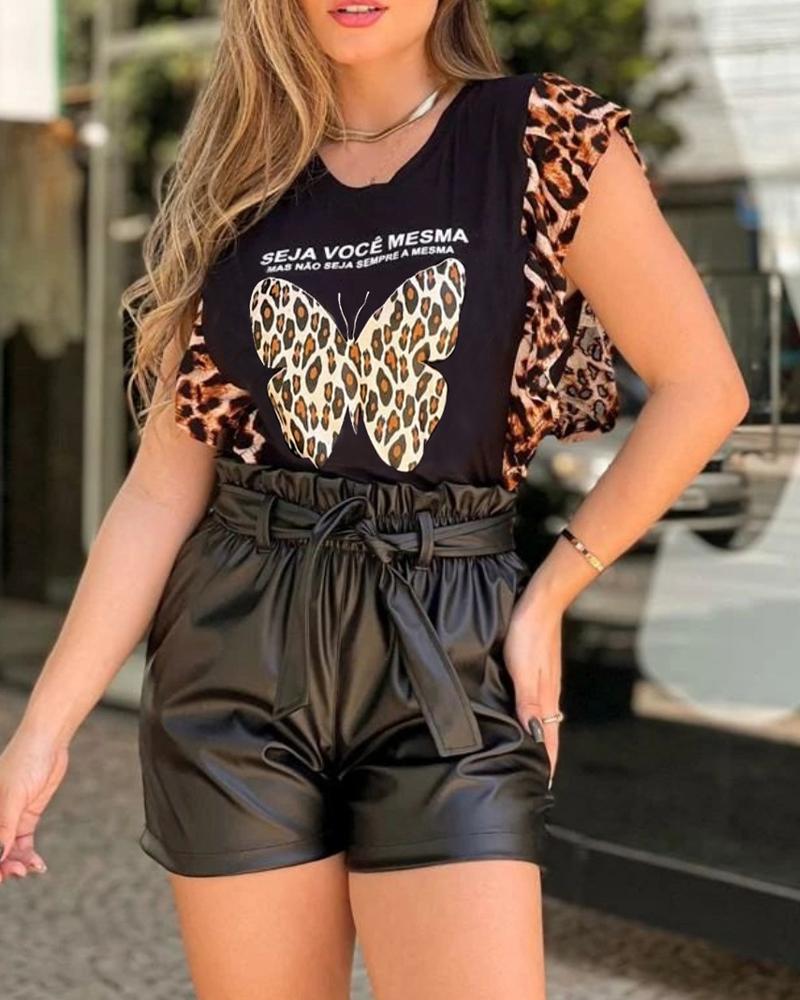 

Leopard Butterfly Print Flutter Sleeve T-shirt, Black
