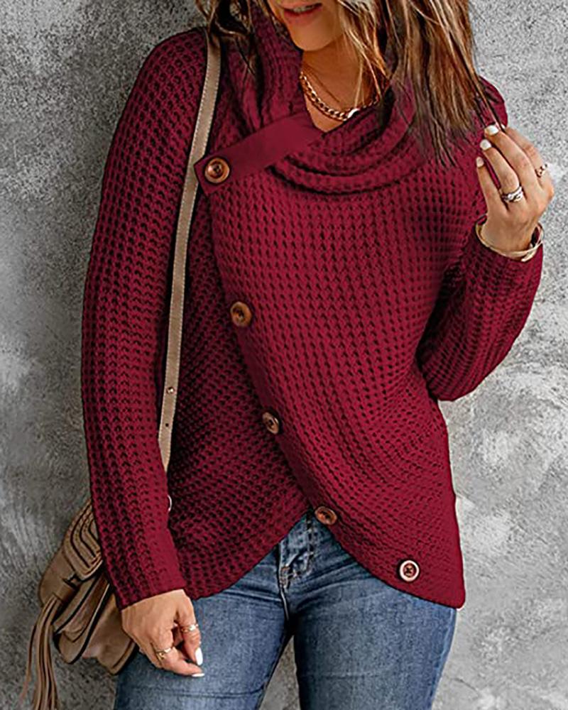 

Long Sleeve Button Design Waffle Knit Sweater, Red