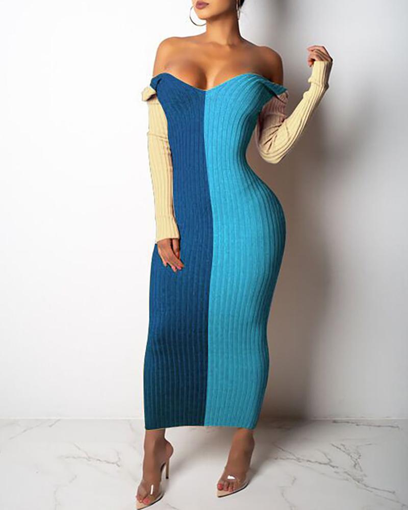 

Colorblock Ribbed Off Shoulder Maxi Dress, Blue