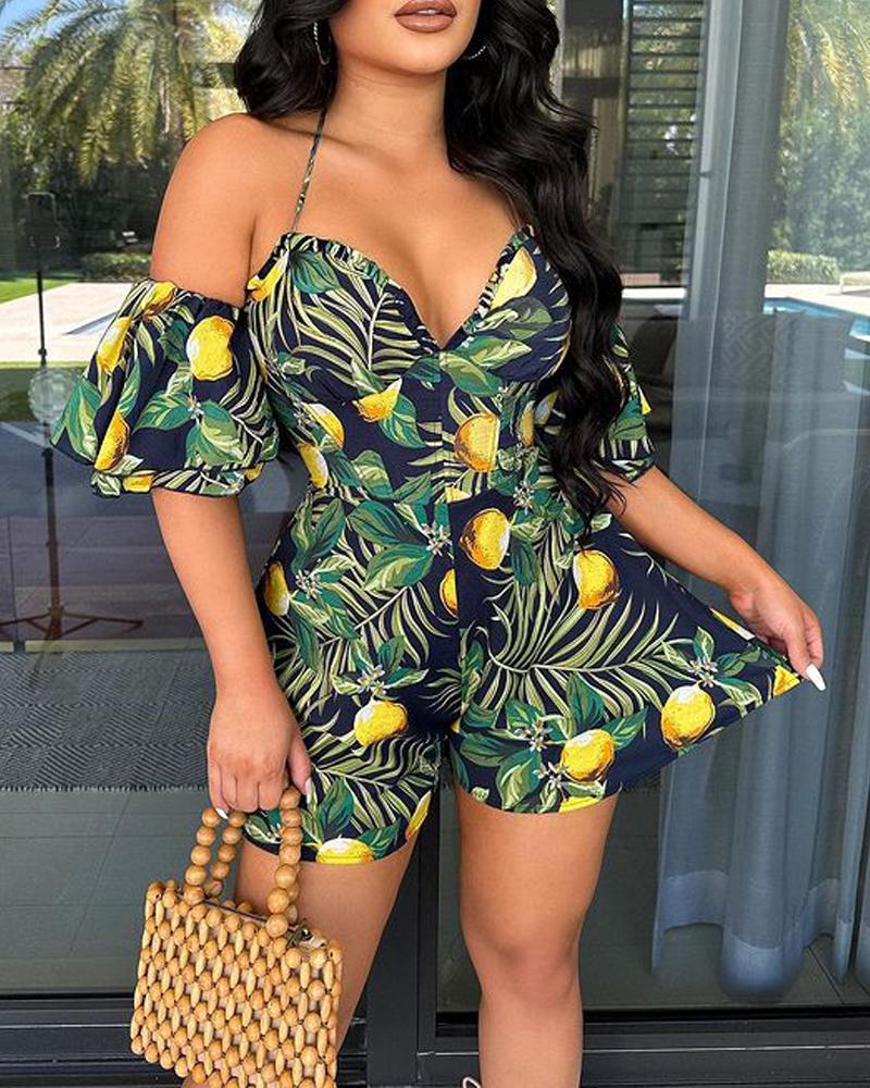 

Tropical Print Off Shoulder Romper, Green