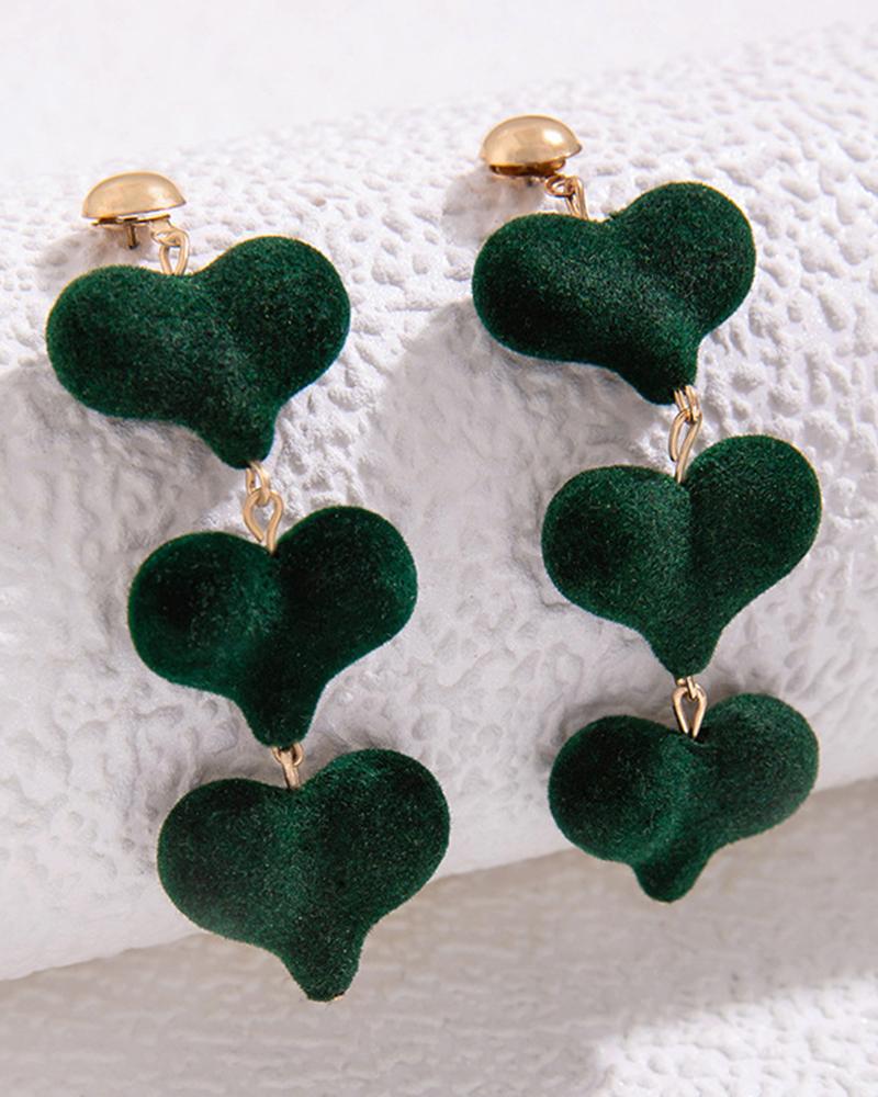 

1Pair Black Love Velvet Layered Heart Dangle Earrings, Green