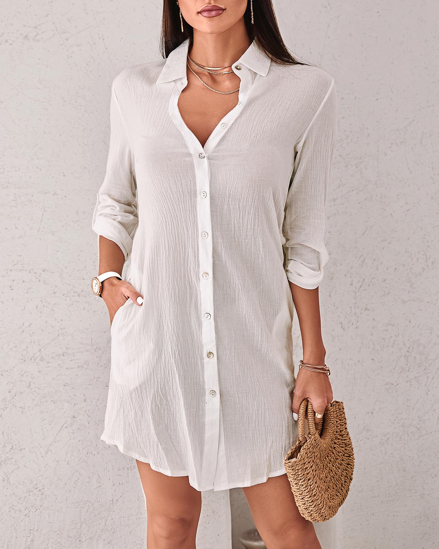 

Button Front Long Sleeve Casual Shirt Dress, White