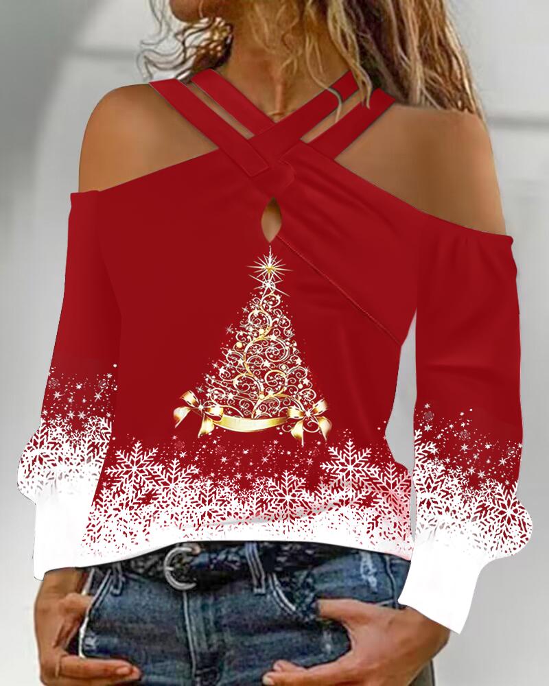 

Christmas Tree Print Colorblock Criss Cross Top, Red