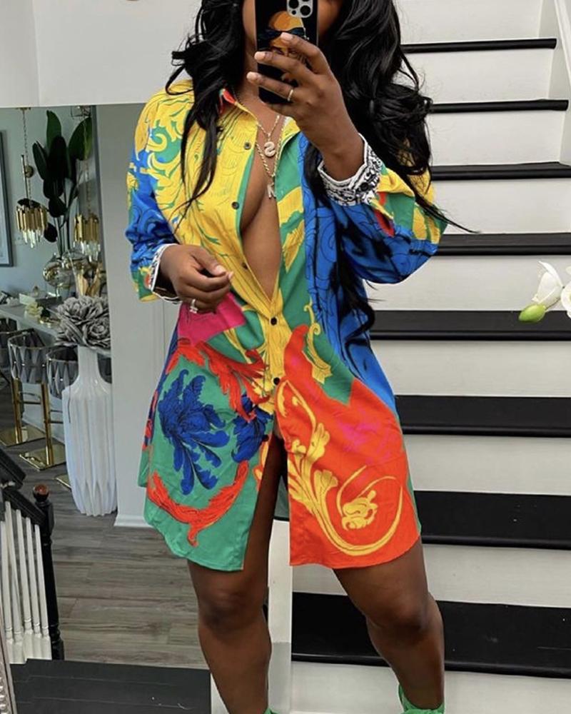 

Baroque Print Colorblock Button Front Shirt Dress, Multicolor