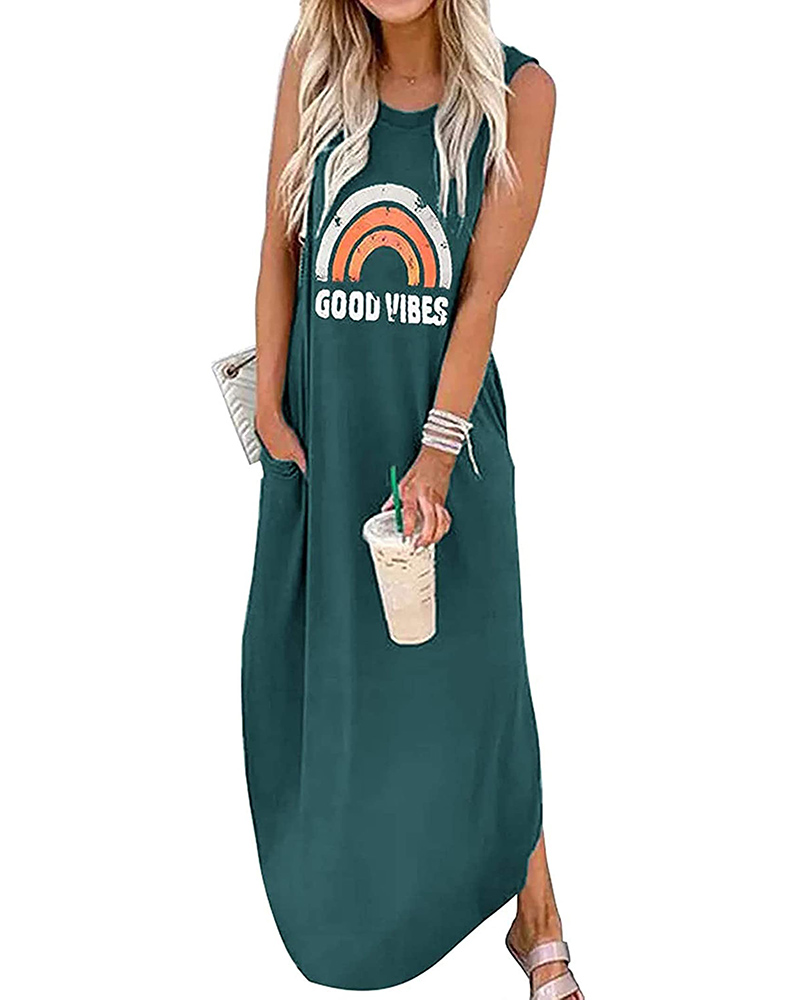 

Letter Grapic Print O Neck T-shirt Dress, Green