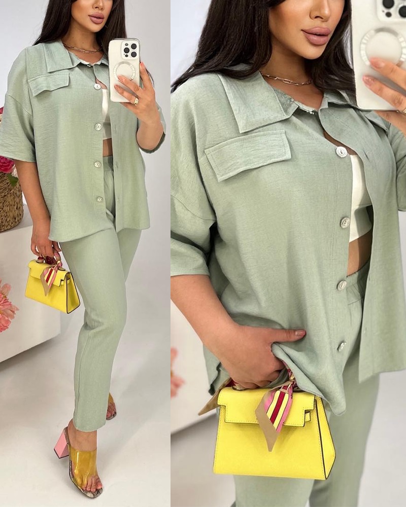 

Buttoned Top & High Waist Pants Set, Green