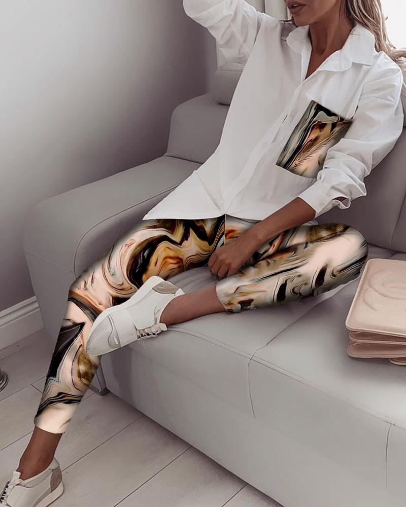

Patch Pocket Button Down Shirt & Marble Print Pants Set, Khaki